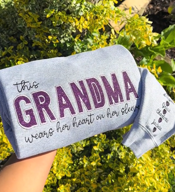 Mom Wears Her Heart on Her Sleeves Custom Embroidered T-Shirt Crew Neck Hooded Sweatshirt Gift for Mom