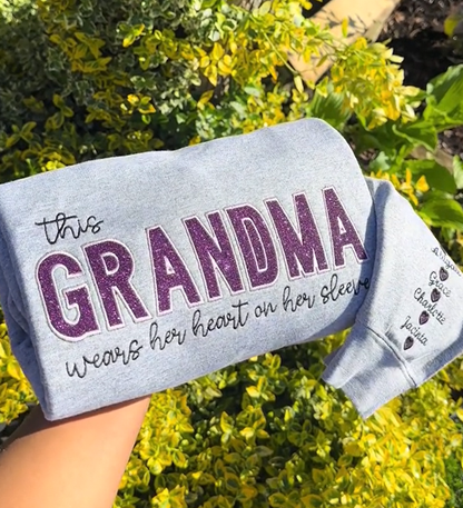 Mom Wears Her Heart on Her Sleeves Custom Embroidered T-Shirt Crew Neck Hooded Sweatshirt Gift for Mom