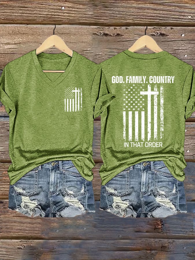 Women's God Family Country In That Order Print V Neck T-shirt