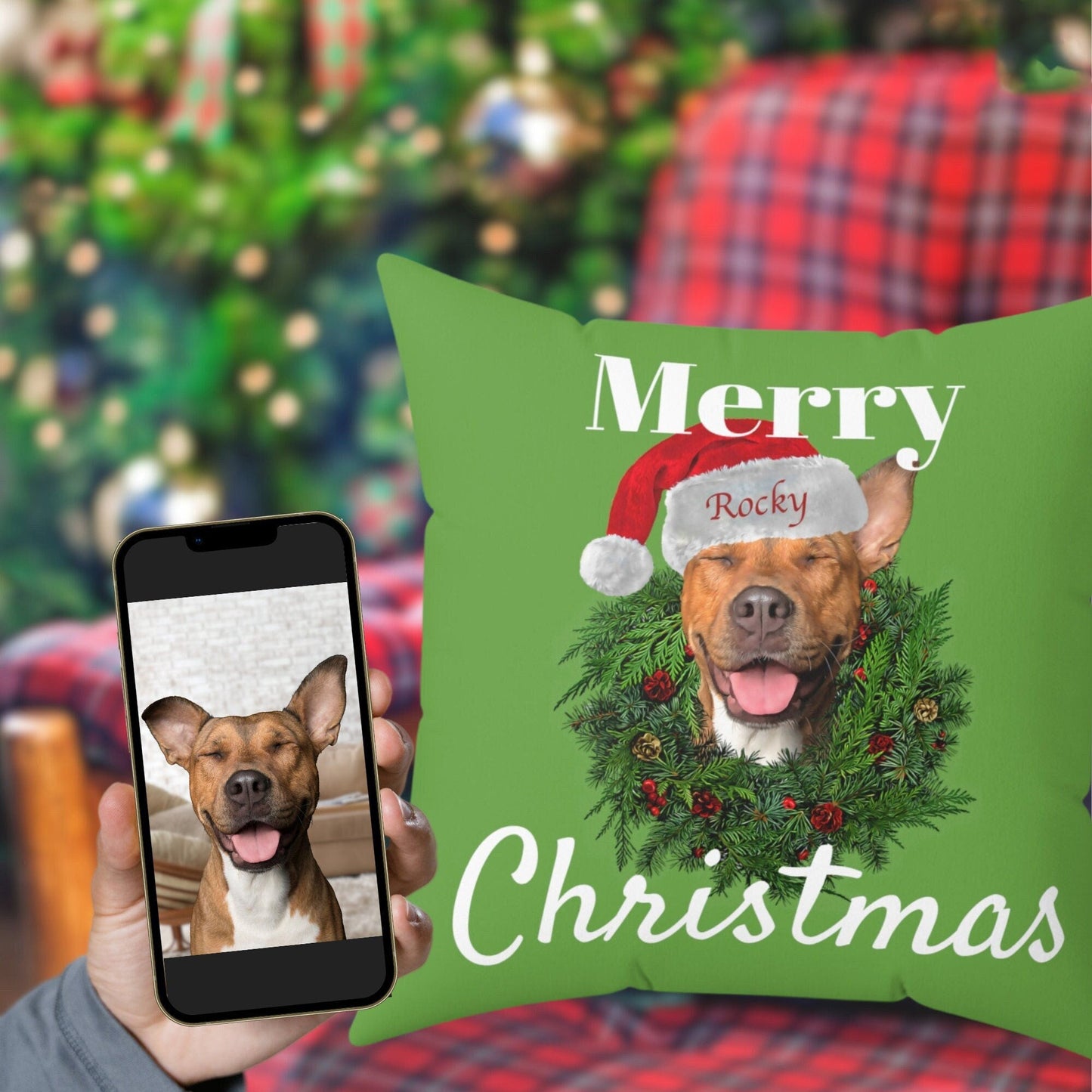 Custom Personalized Dog Portrait Christmas Pillow, Pet Lover Gift