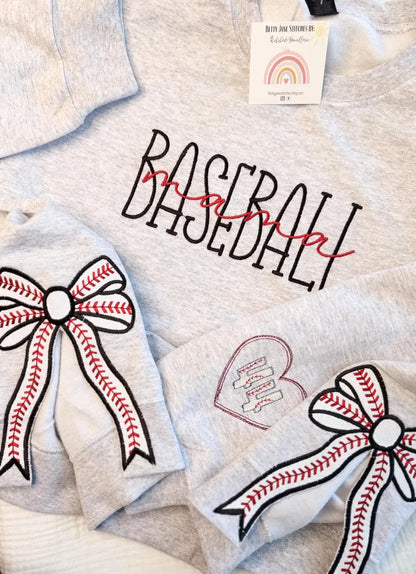 Baseball Mama Crewneck Sweatshirt with Trendy Side Bow Glitter Applique & Embroidered Sleeve, Baseball, Baseball mom, Baseball Momma, Boymom