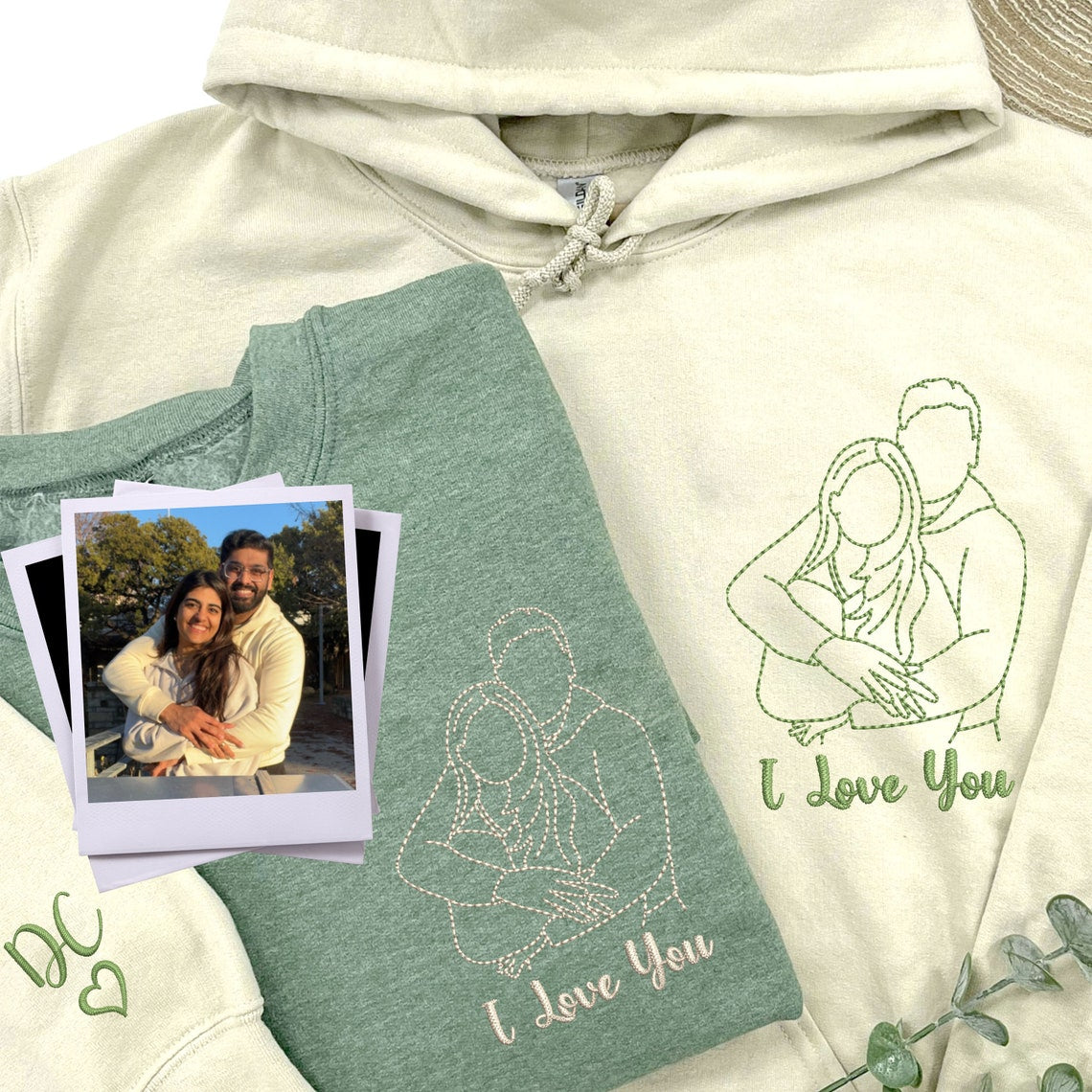 Custom Outline Embroidered Portrait from Photo-Matching Couple Hoodie