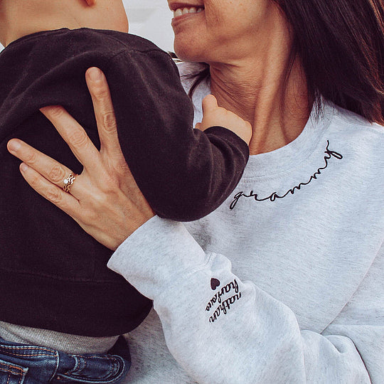 Custom Mama Embroidered Sweatshirt with Kids Names on the sleeve