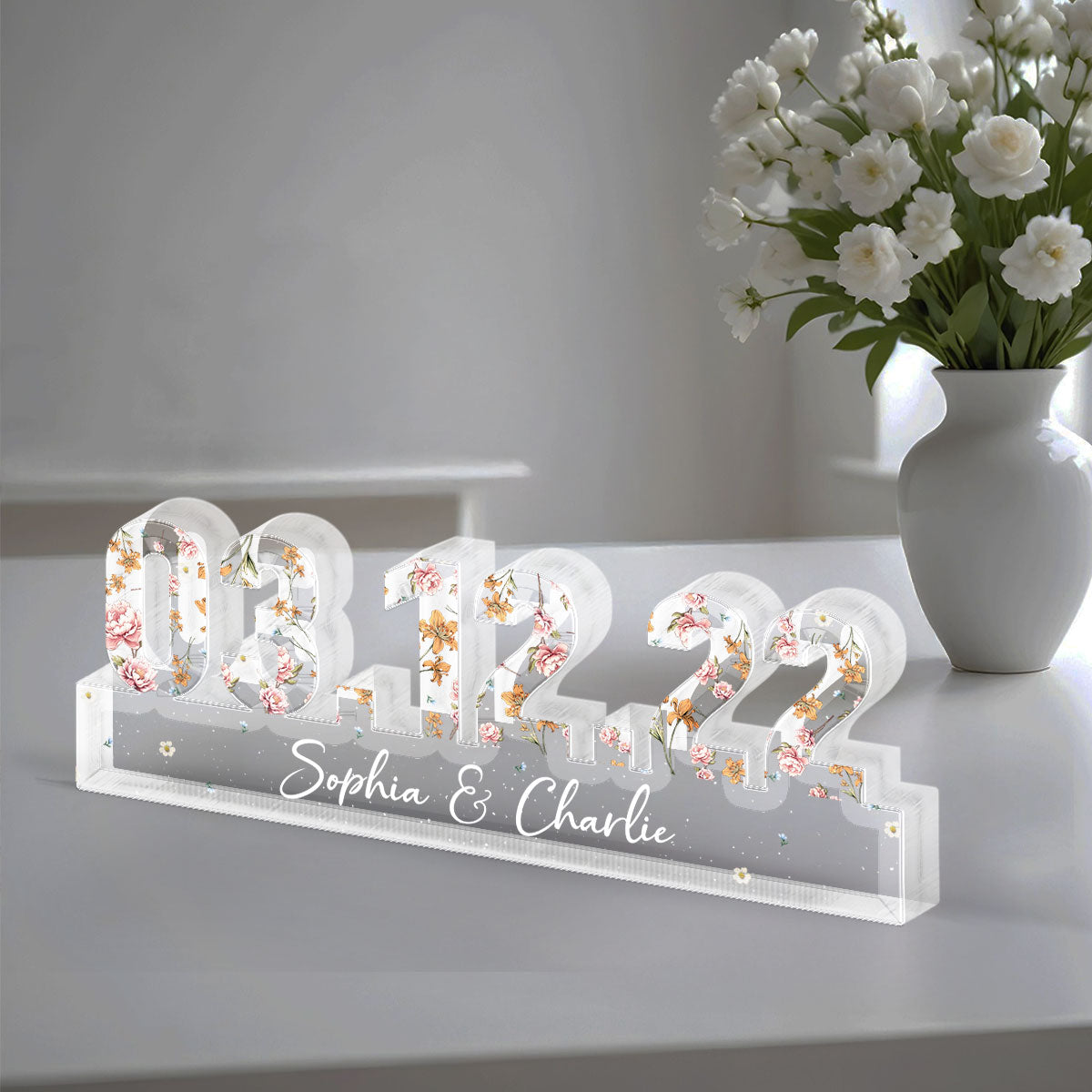 Couple Engagement Wedding Anniversary Special Date Custom Flower Printed Acrylic Block Plaque
