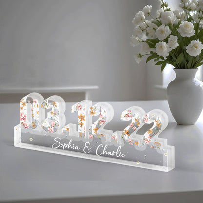 Couple Engagement Wedding Anniversary Special Date Custom Flower Printed Acrylic Block Plaque