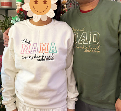 Mom Wears Her Heart on Her Sleeves Custom Embroidered T-Shirt Crew Neck Hooded Sweatshirt Gift for Mom
