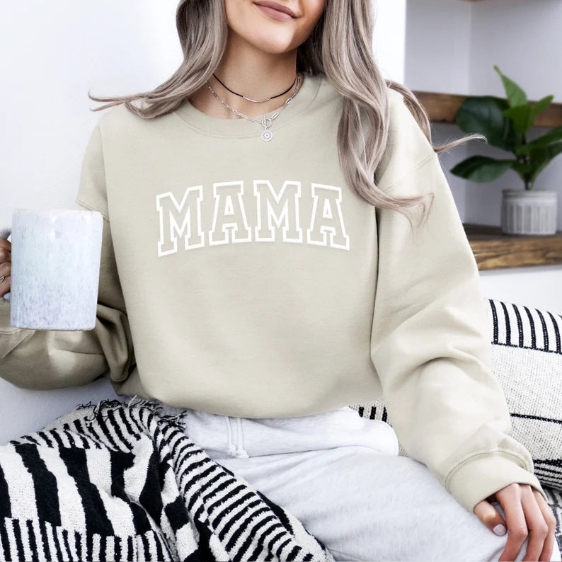 Mama Sweatshirt with Puff Lettering, Personalized Kid Names on Sleeve, Mama Sweater, Cute Gift for Mama