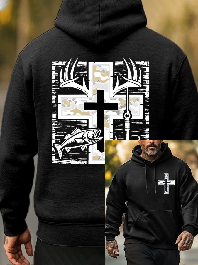 Men's Retro Faith Fishing Hunting Print Hoodie