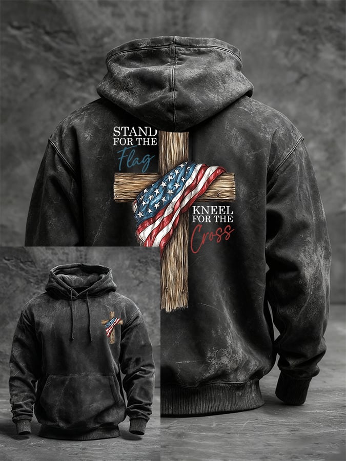 Men's Stand For Flag Kneel For The Cross Printed Casual Hoodie