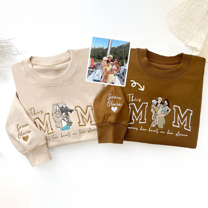 Mom Wears Her Heart on Her Sleeves - Custom Thread Mama Sweatshirt with Photo Gift for Mom