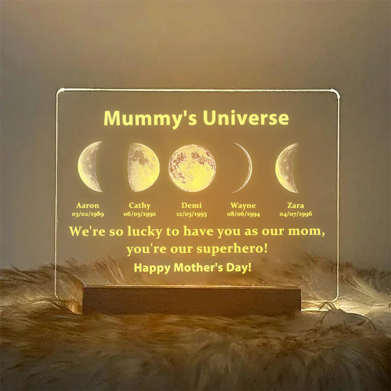 Led Light Frame With Text And Date The Real Moon Phase- Mom's Universe,Gift For MUM