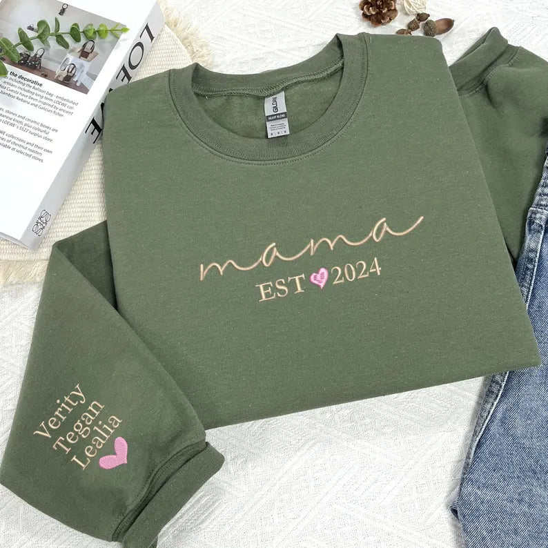 Custom Embroidered Mama Sweatshirt with Kid Names - Personalized Mom Hoodie With Names - New Mama Outfit - Pregnancy Announcement Clothing