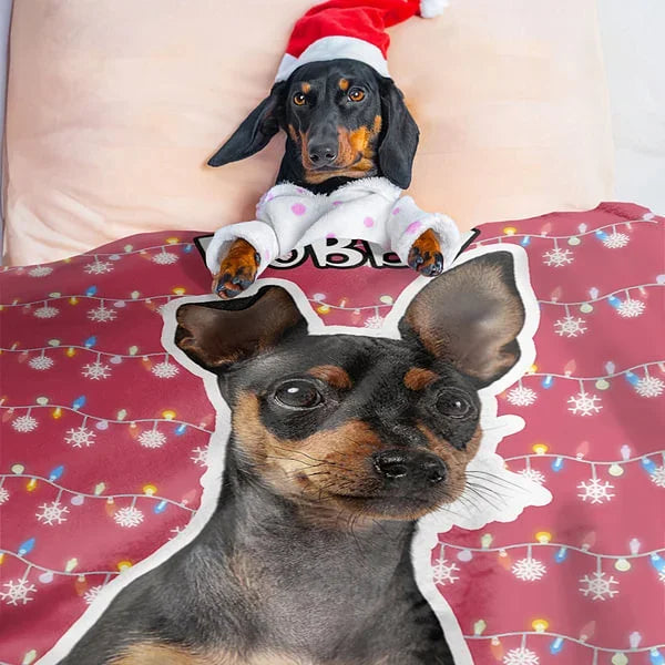 Personalized Snowflake Colored Christmas Lights Dog Cat Photo Throw Blanket with Name