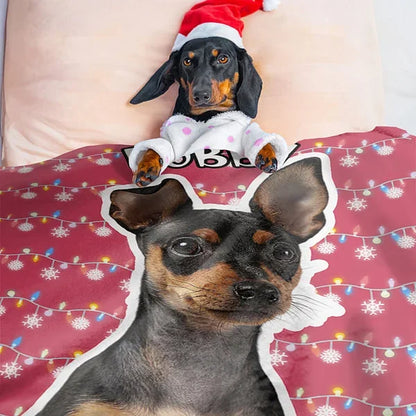 Personalized Snowflake Colored Christmas Lights Dog Cat Photo Throw Blanket with Name