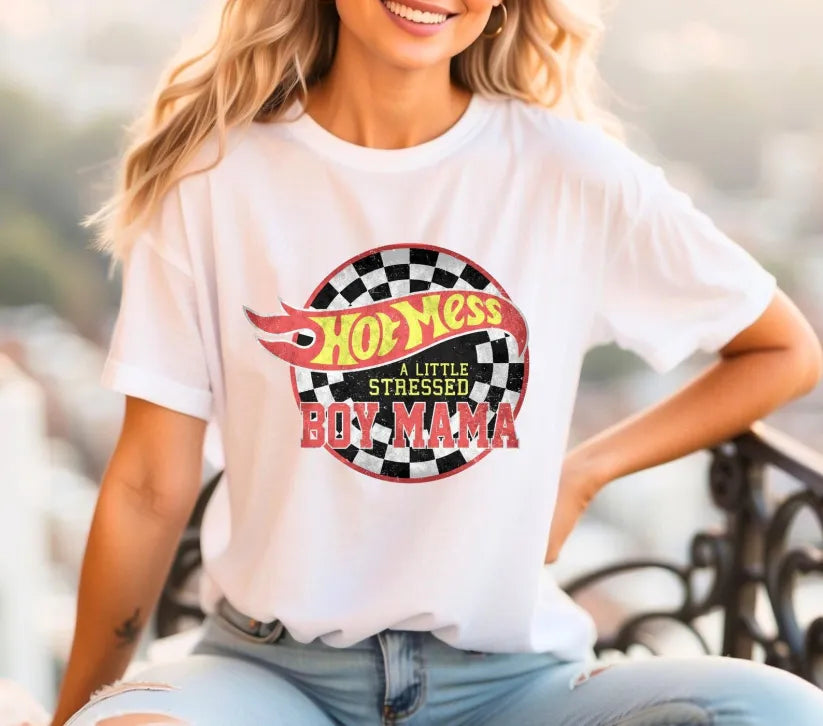 Custom Hot Mess A Little Stressed Boy Mama, Hot Wheels, Racecar Sweatshirt