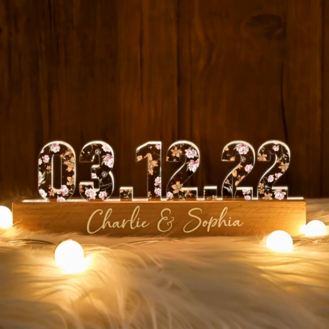 Couple Engagement Anniversary Date Custom Flower Printed LED Night Light, Valentine's Day Gift For Her, Gift For Him