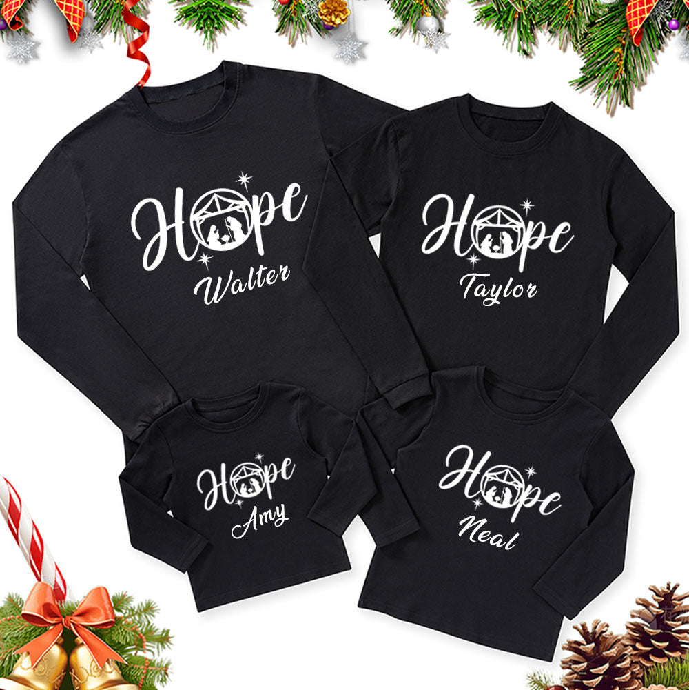 Personalized Hope Love Joy Believe Jesus Nativity Christmas Family Matching Long Sleeve T-Shirt