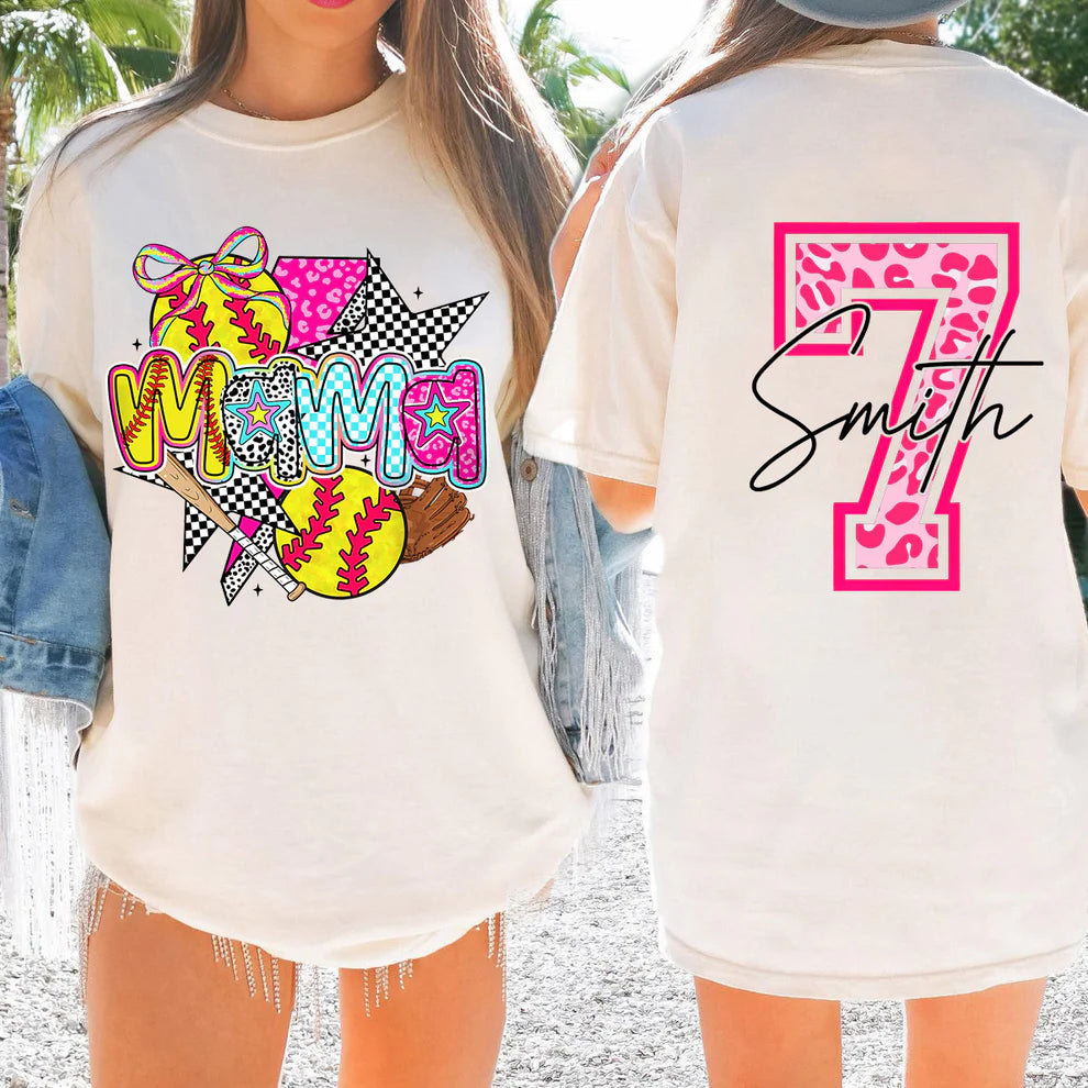 Personalized Softball Mama Pink Leopard Checkered Pattern Cheer Shirt