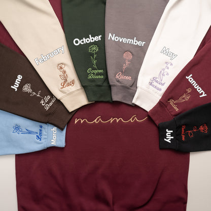 Embroidered Custom Mom Sweatshirt with Mom Birth Flowers & Names on Sleeve