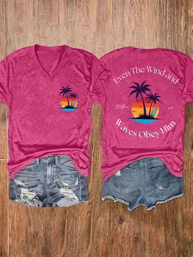 Women's Casual Western Christian Faith Bible Verse Double-Sided Printed V-Neck Short Sleeve T-Shirt