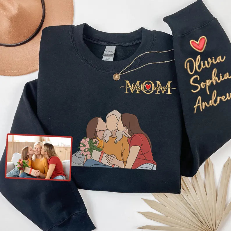 Custom Embroidered Mom Sweatshirt with Personalized Photo & Kids Names, Unique Mother’s Day Gift, Best Mom Ever Hoodie