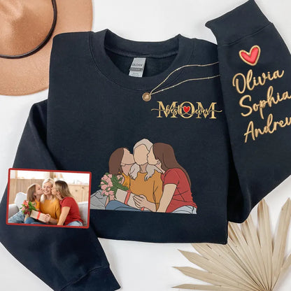 Custom Embroidered Mom Sweatshirt with Personalized Photo & Kids Names, Unique Mother’s Day Gift, Best Mom Ever Hoodie