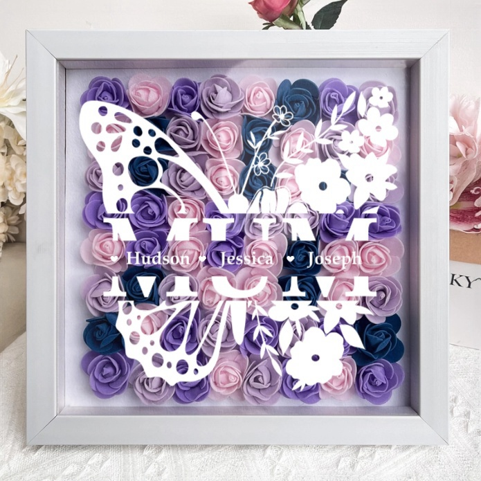Personalized Butterfly Version Flower Shadow Box - Gift For Mom Custom Children Names