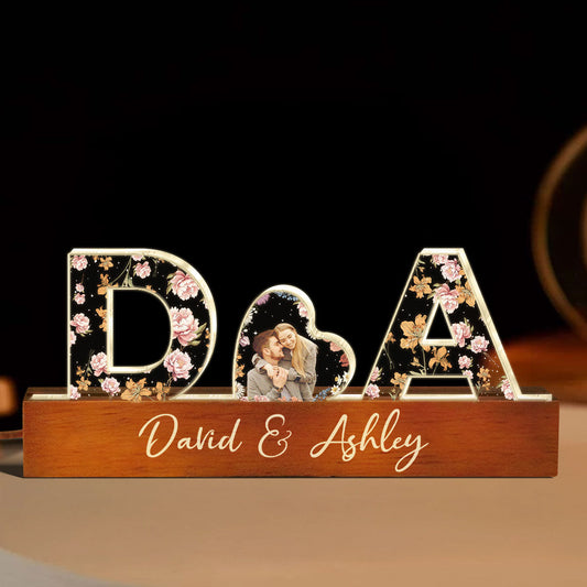 Initial Letters Couple Birth Month Custom Flower Printed LED Night Light, Anniversary Valentine's Day Gift for her & for him, Photo Upload