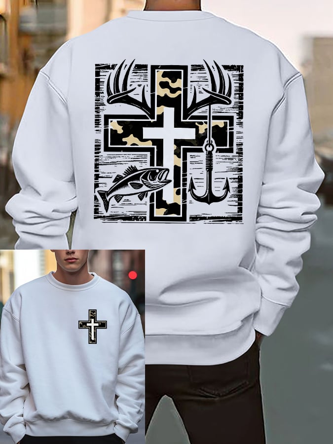 Men's Retro Faith Fishing Hunting Print Sweatshirt