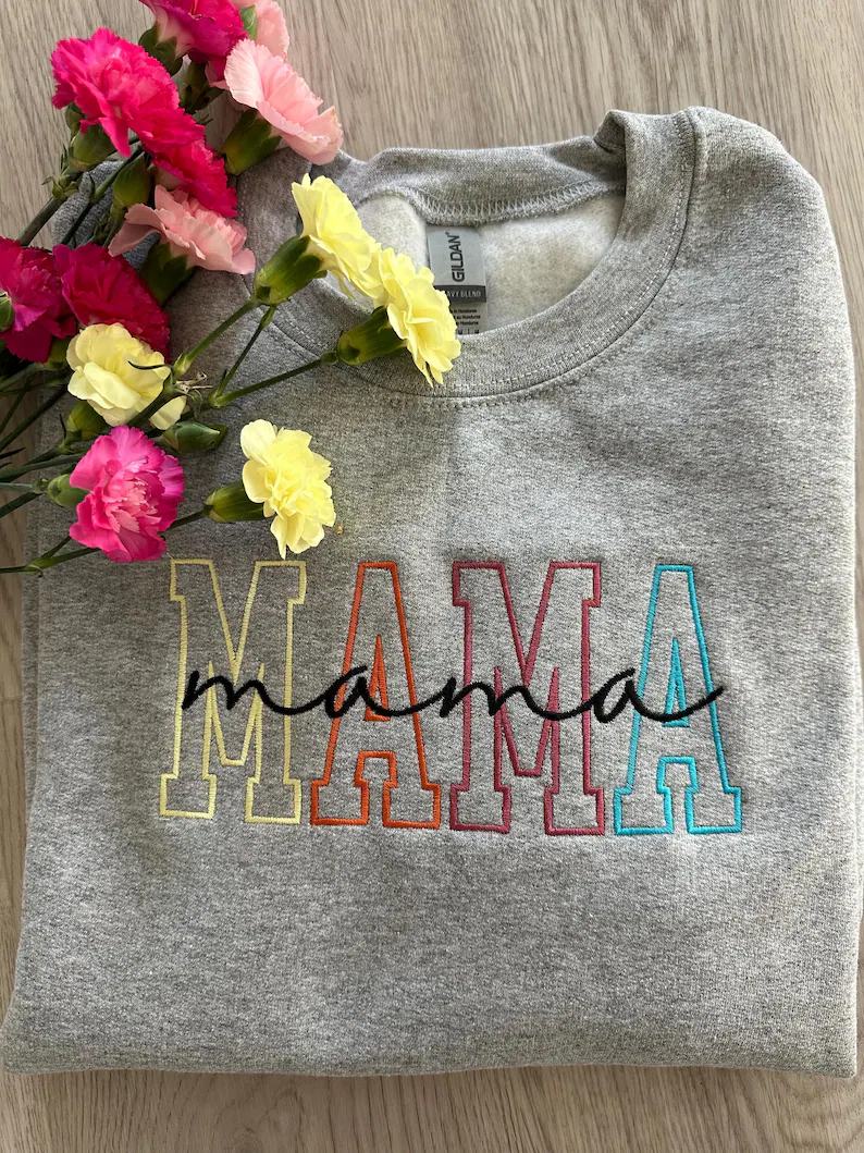 Embroidered MAMA Sweatshirt - Personalized Gift for Mom -Colorful Outline Stitch Crewneck-Cozy Mother's Day Sweatshirt