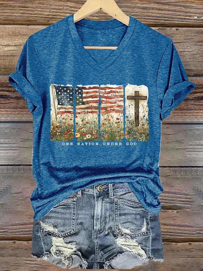 Women'S Casual One Country Under God Faith Graphic Print Short Sleeve T-Shirt