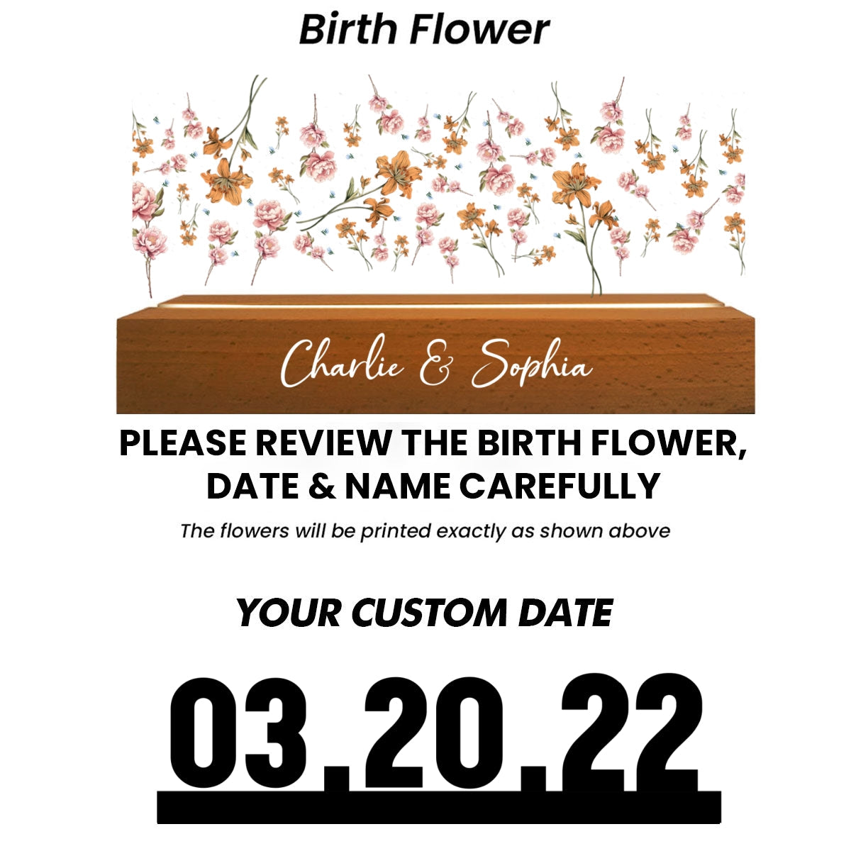 Couple Engagement Anniversary Date Custom Flower Printed LED Night Light, Valentine's Day Gift For Her, Gift For Him
