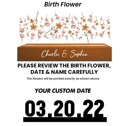 Couple Engagement Anniversary Date Custom Flower Printed LED Night Light, Valentine's Day Gift For Her, Gift For Him