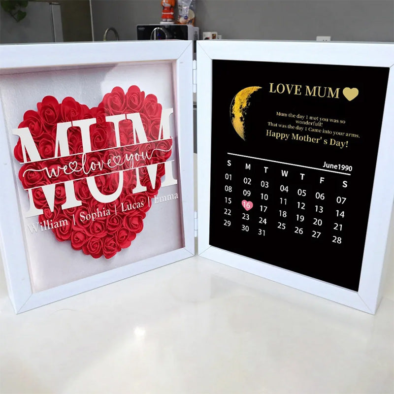 Mom We Love You With REAL MOON PHASE Anniversary Calendar - Personalized Flower Shadow Box