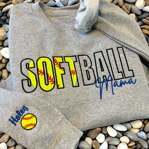 Custom Softball Embroidered Mama/Mom/Nana Sweatshirt