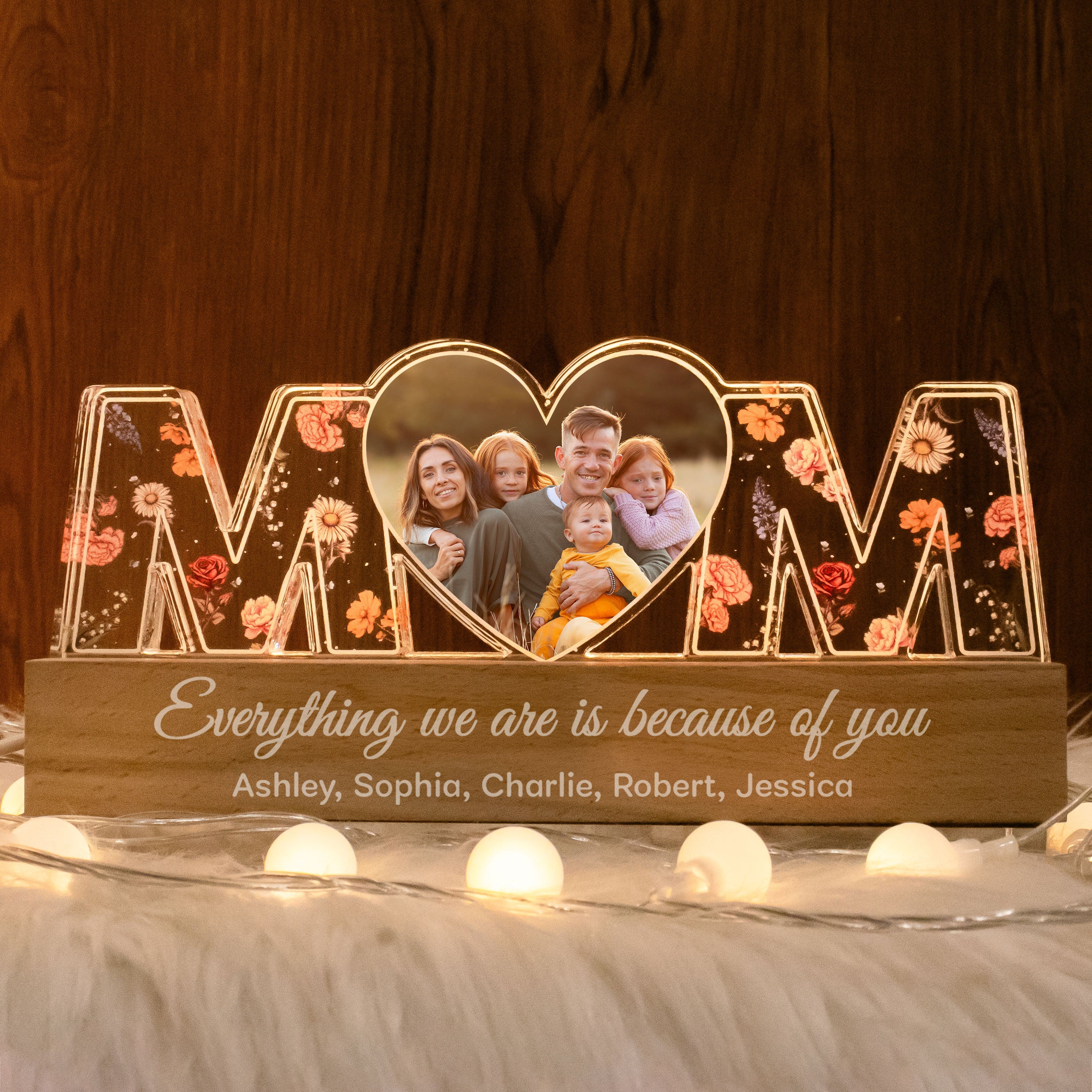 Mom Everything I Am Is Because Of You Birth Month Flower Photo Upload Personalized Led Night Light, Mother's Day Gift