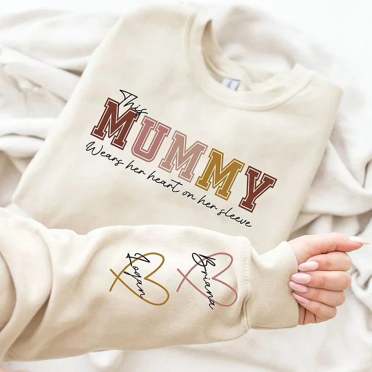🔥For Mom🔥Personalized MAMA Wears Her Heart On Her Sleeve Sweatshirt(Buy 2 Free Shipping)