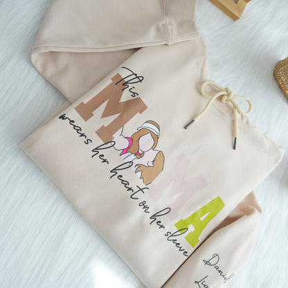 Mom Wears Her Heart on Her Sleeves - Custom Print Hoodie Mama and Kids Portrait