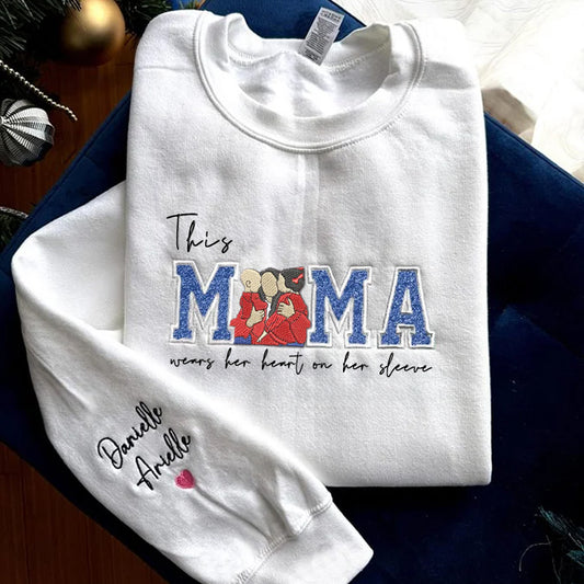 Mom Wears Her Heart on Her Sleeves Custom Glitter Mama Sweatshirt with Photo Gift for Mom Nana