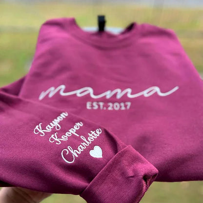 Custom Embroidered Mama Sweatshirt with Date and Kids Names on Sleeve