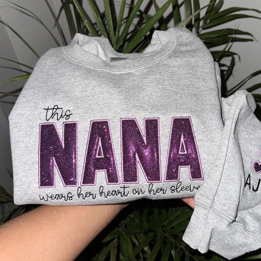 Mom Wears Her Heart on Her Sleeves Custom Embroidered T-Shirt Crew Neck Hooded Sweatshirt Gift for Mom