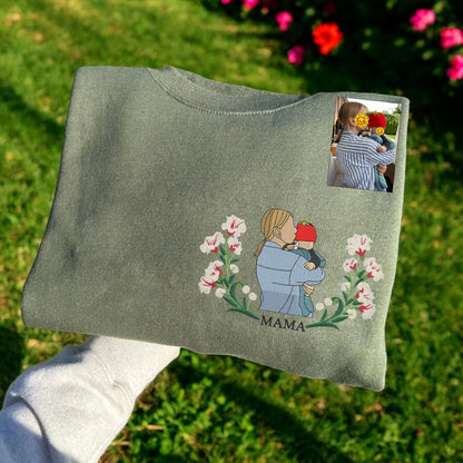 Mama Sweatshirt with Photo, Custom Embroidered Hoodie Mama and Kids Portrait