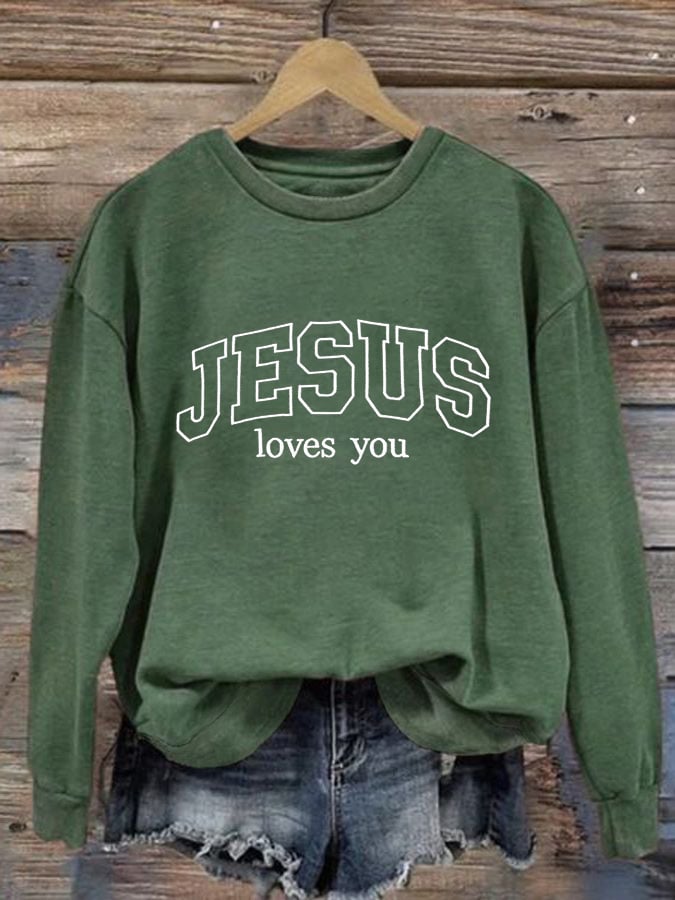 Women's Casual Jesus Loves You Printed Sweatshirt