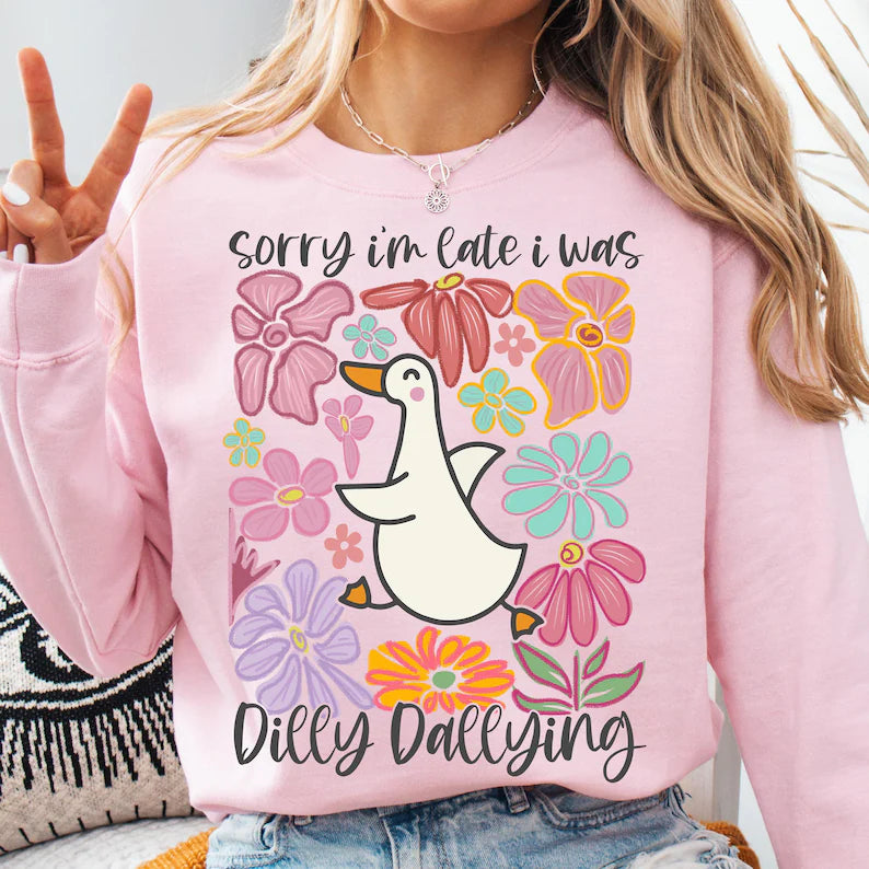 Sorry I'm Late I Was Dilly Dallying" Women's Hoodie - Floral Goose Print, Retro Funny Mom Sweatshirt, Boho Chic Pullover, Preppy Girly Casual Hoodie