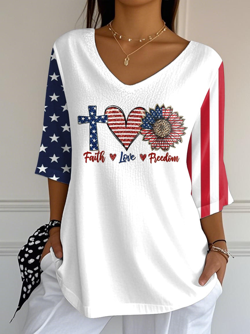 Women's Independence Day Faith Love Freedom Printed T-Shirt