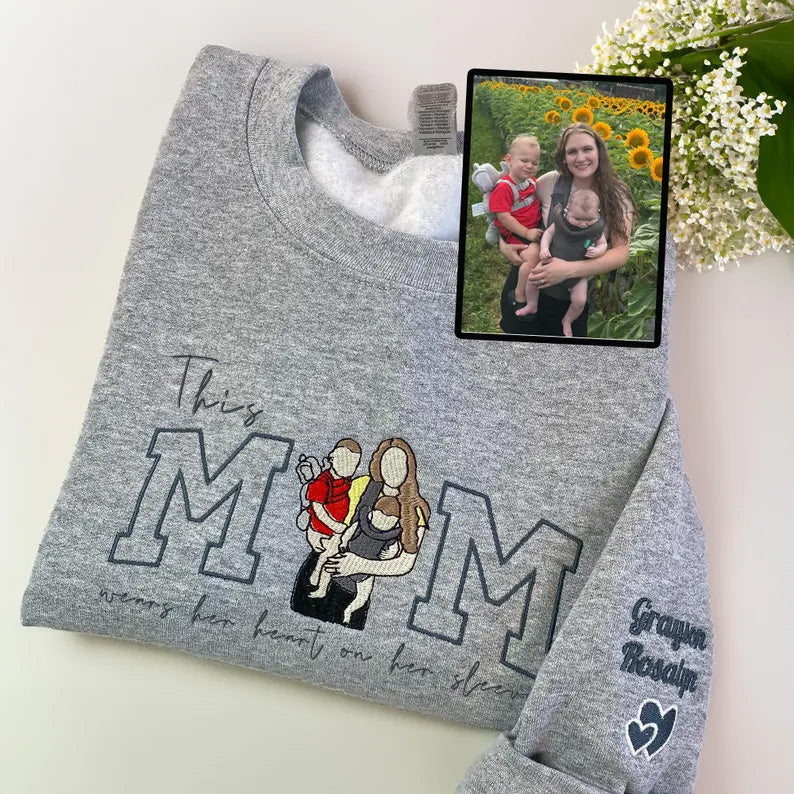 Mom Wears Her Heart on Her Sleeves - Custom Thread Mama Sweatshirt with Photo Gift for Mom
