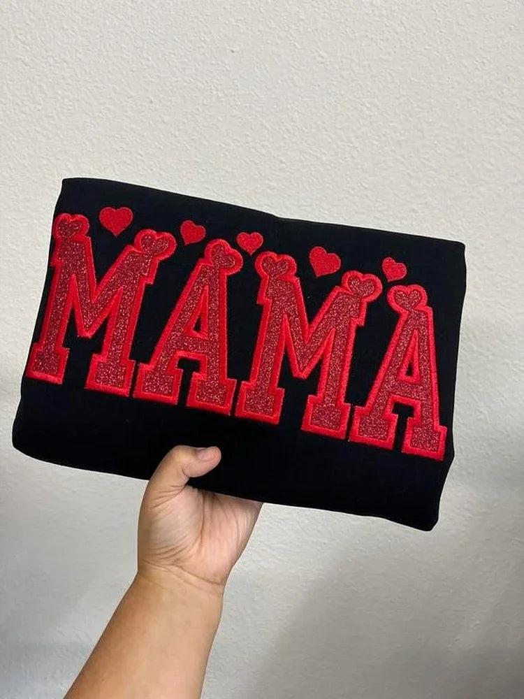 Glitter Embroidered Applique Sweatshirt,Simple Mama Pullover, Gift for Mom, Personalized Mama Shirt