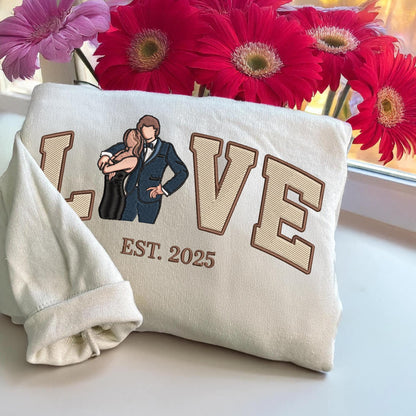 Loversdovey Personalized Embroidered Photo Couple LOVE Est Year Crewneck/Hoodie/T-shirt