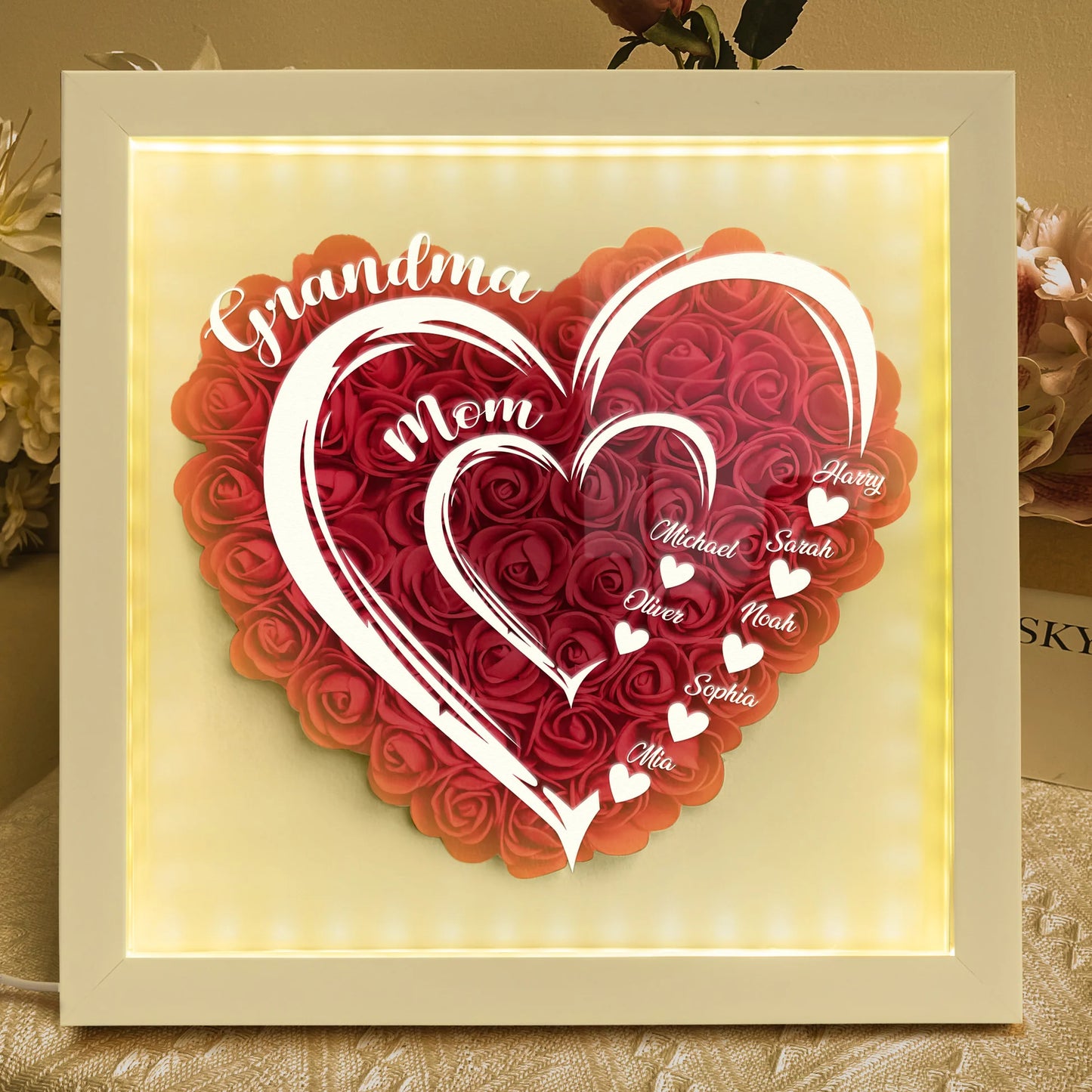Mom Grandma Hearts Custom Kids' Names - Personalized Flower Shadow Box With LED Light