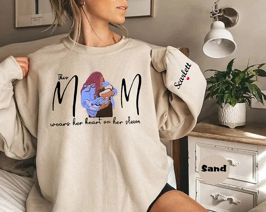Mom Wears Her Heart On Her Sleeve Custom Photo Embroidered T-Shirt Crew Neck Hooded Sweatshirt